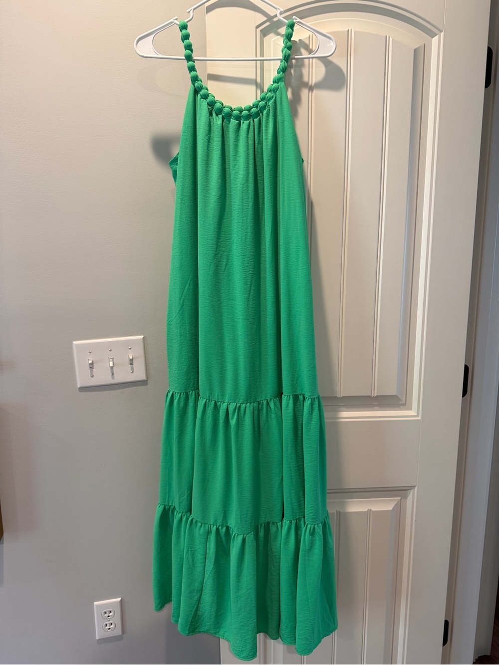 She and Sky Green Braided-Strap Tiered Maxi Dress